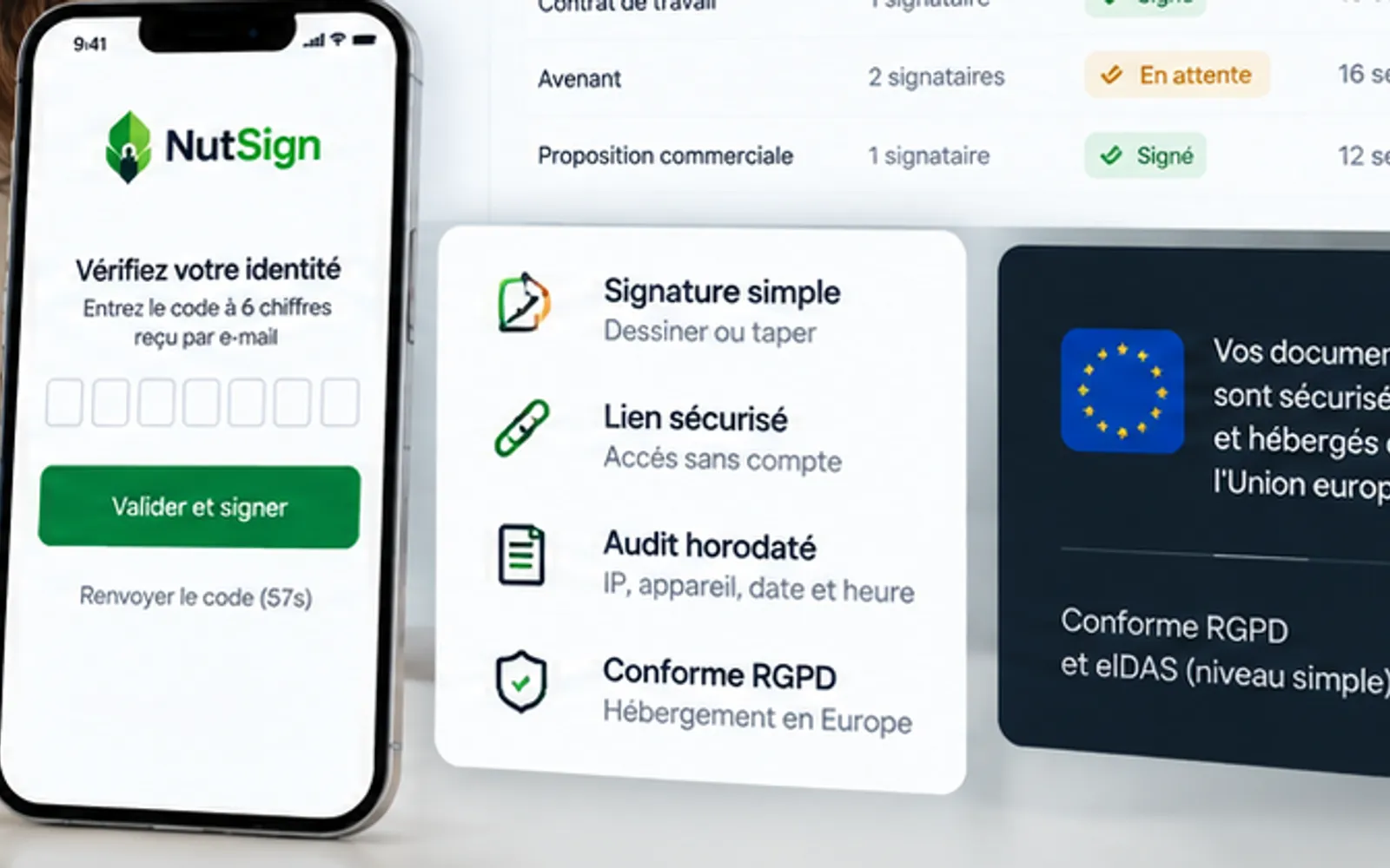 Écran mobile NutSign de vérification d'identité par code à 6 chiffres, à côté des garanties : signature simple, lien sécurisé, audit horodaté, conformité RGPD.