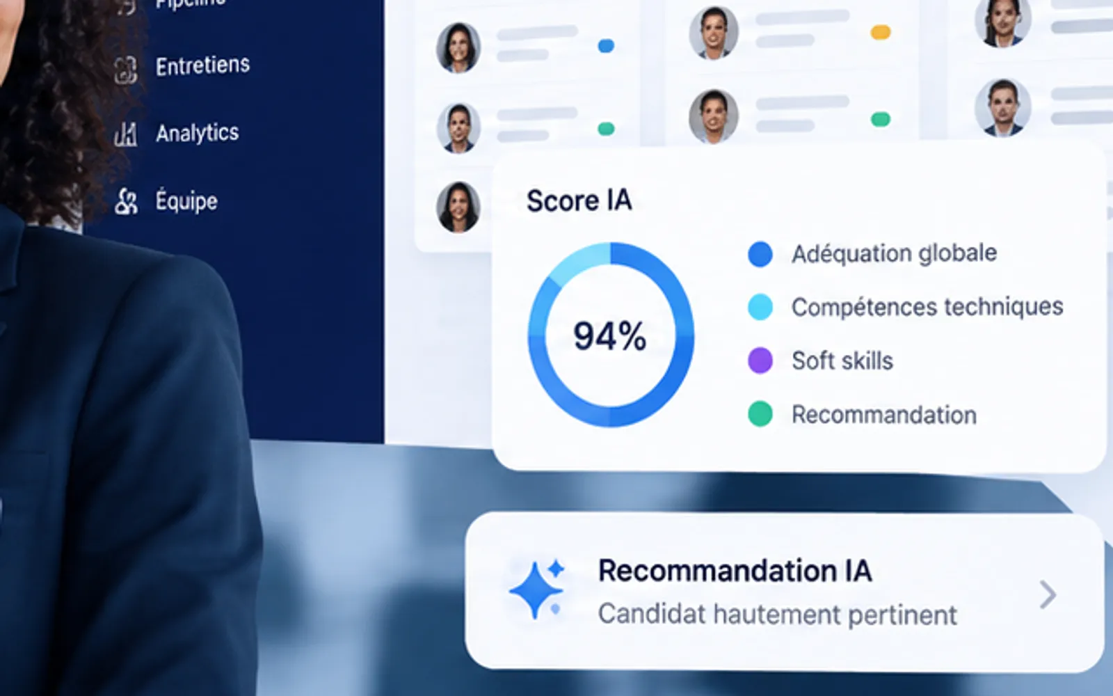 Score IA d'un candidat NUX : 94 % avec le détail adéquation globale, compétences techniques, soft skills et recommandation.